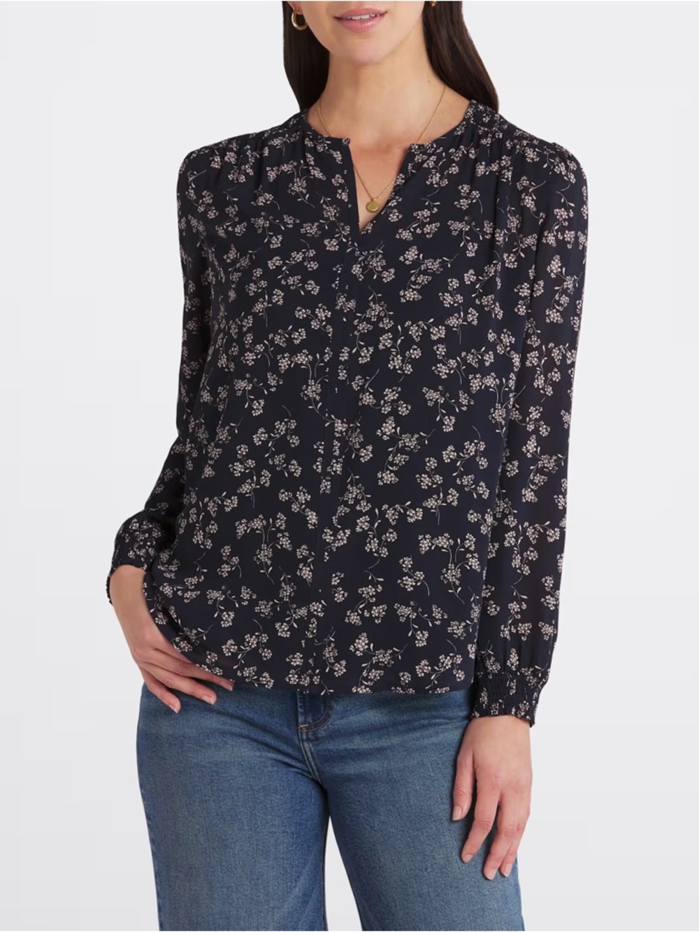 NWT 41 Hawthorn Navy Floral Split V-Neck Blouse